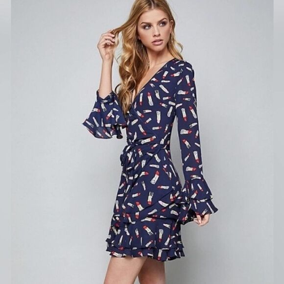 BEBE Denise Full Wrap Ruffle Detail Dress, Red & Pink Lipstick Print Novelty | 2 - Picture 1 of 12